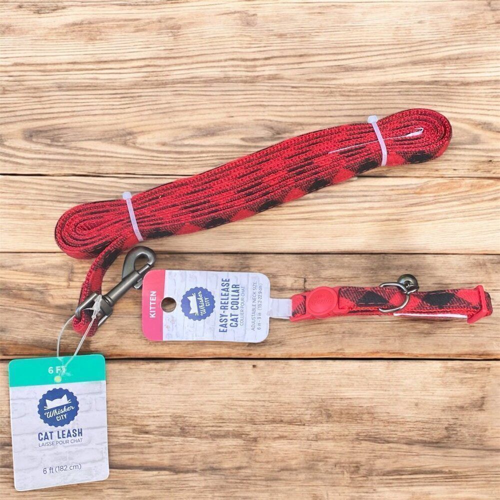 NWT New Whisker City Pet Cat/Kitten Collar & Leash Red/Black Flannel Design